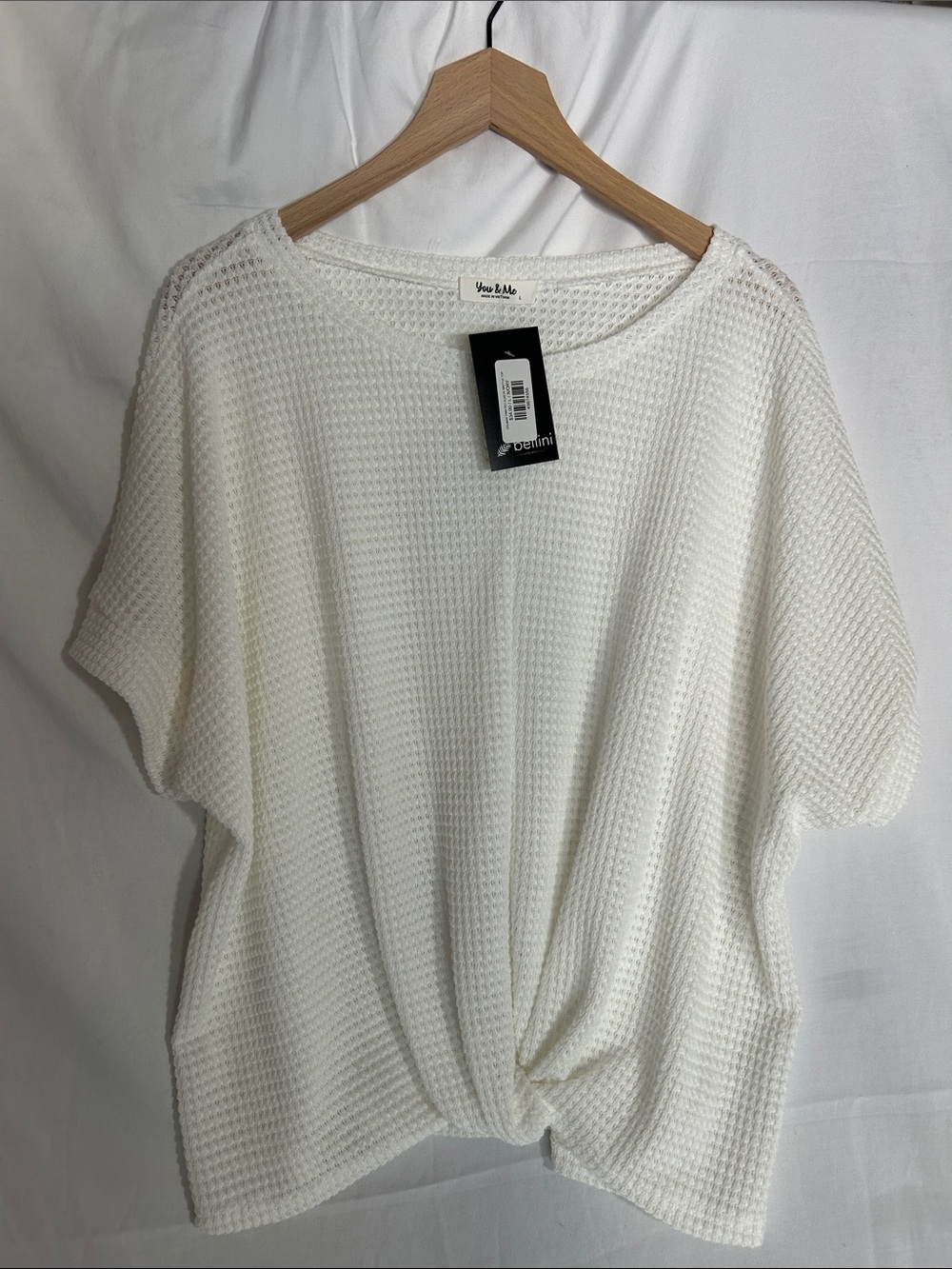 White Knit Twist-Hem Short Sleeve Top